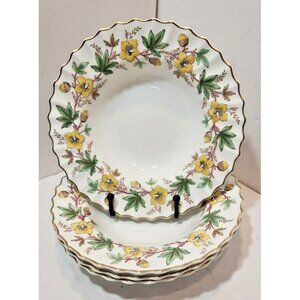 Vintage Royal Doulton Chatsworth Yellow Green Rimmed Soup Bowls Set of 4 Floral